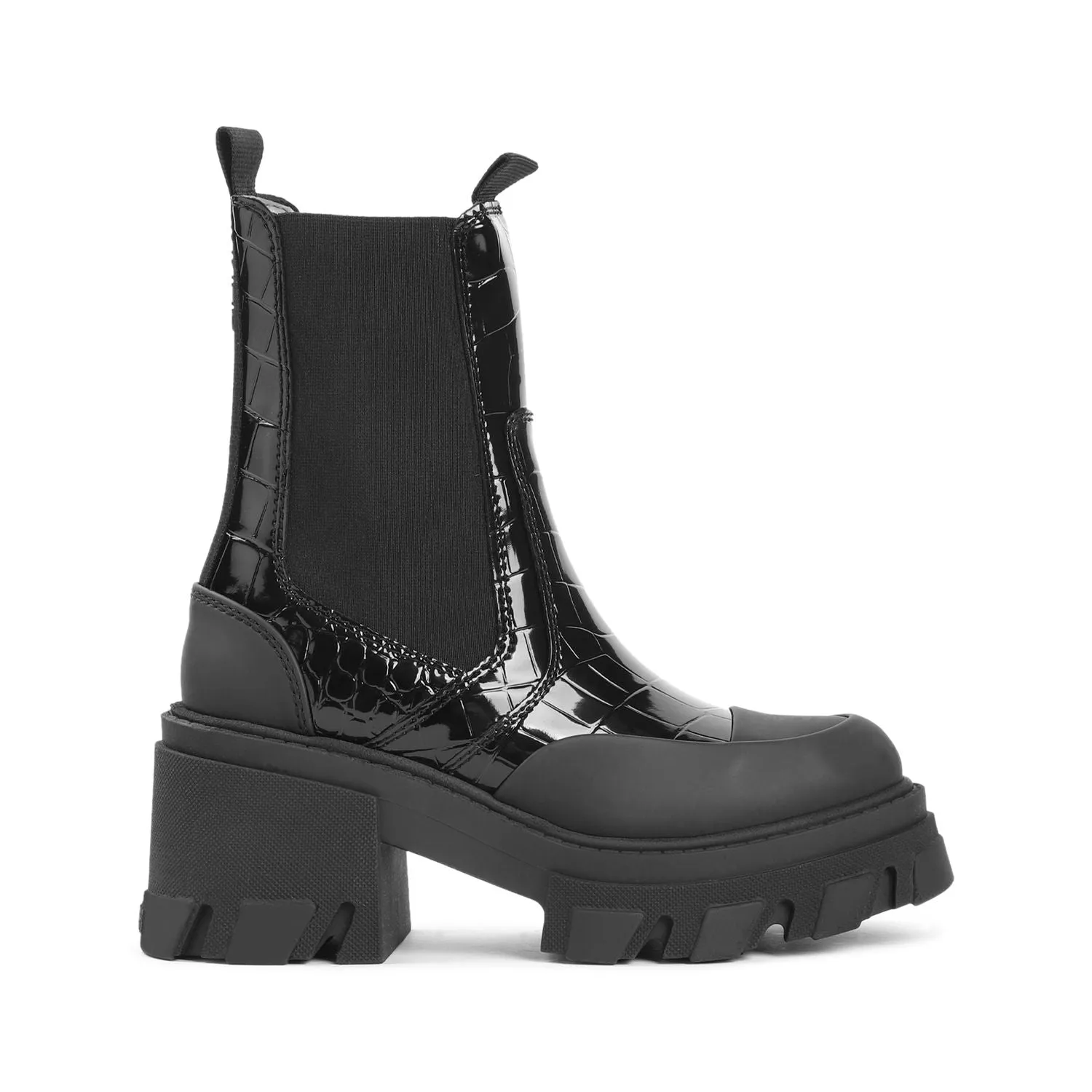 CLEATED HEELED MID CHELSEA PATENT CROCO BOOT