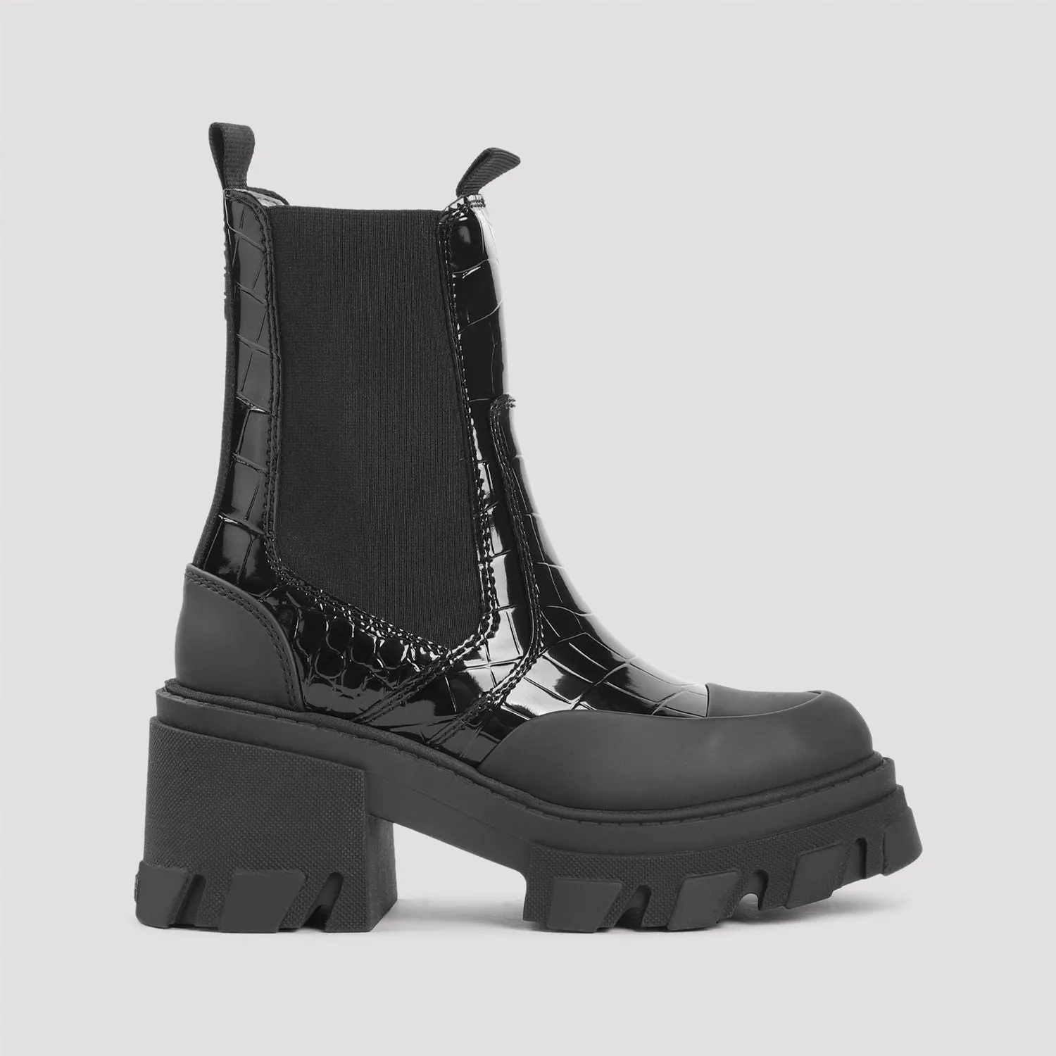 CLEATED HEELED MID CHELSEA PATENT CROCO BOOT