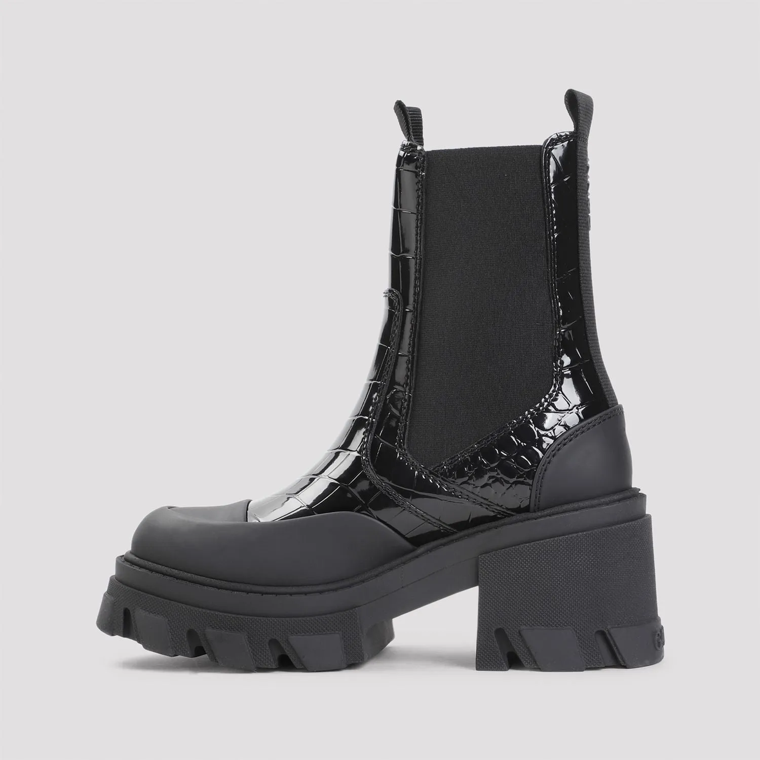 CLEATED HEELED MID CHELSEA PATENT CROCO BOOT