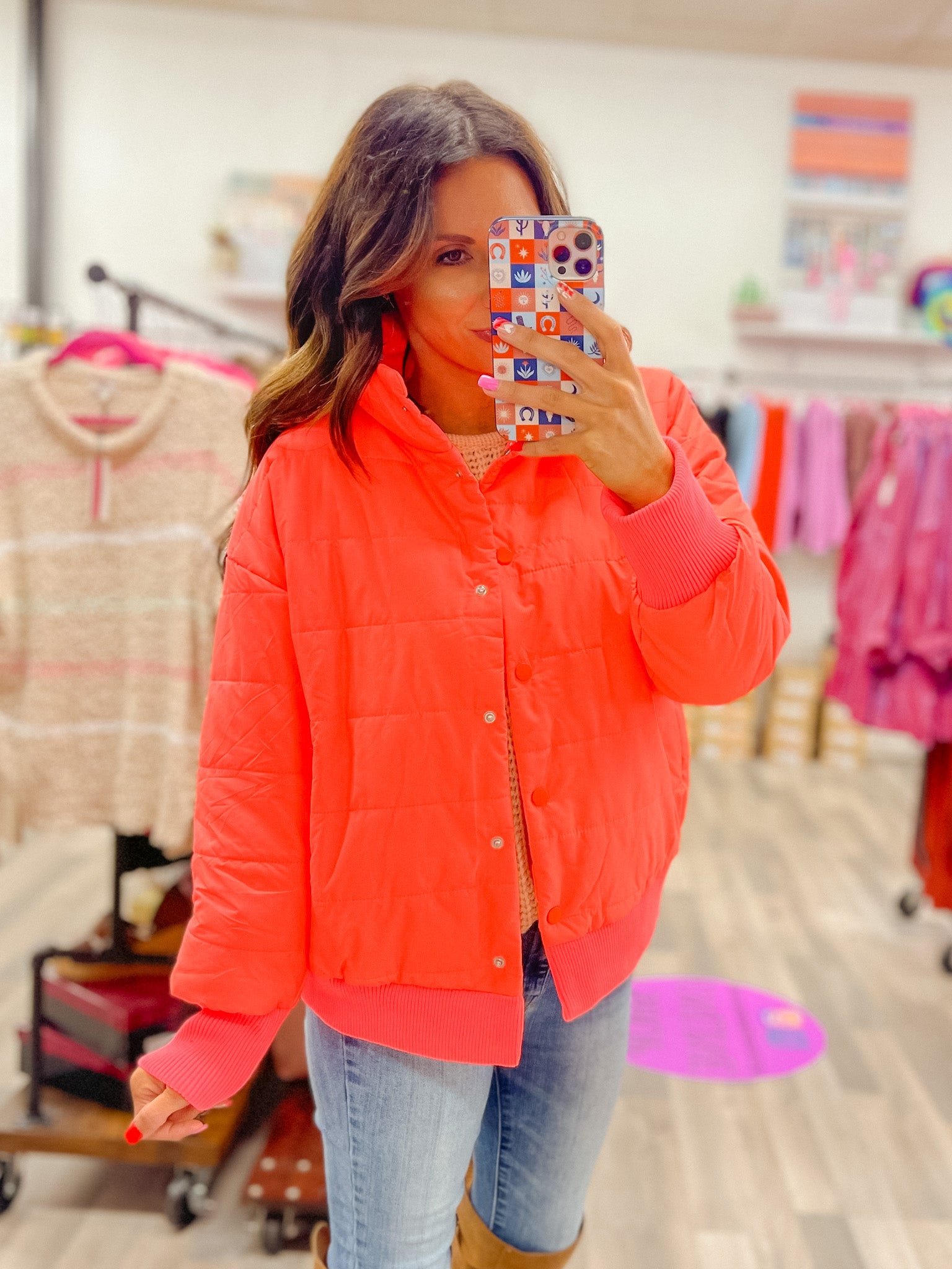 Crazy For You Neon Coral Puffer Jacket