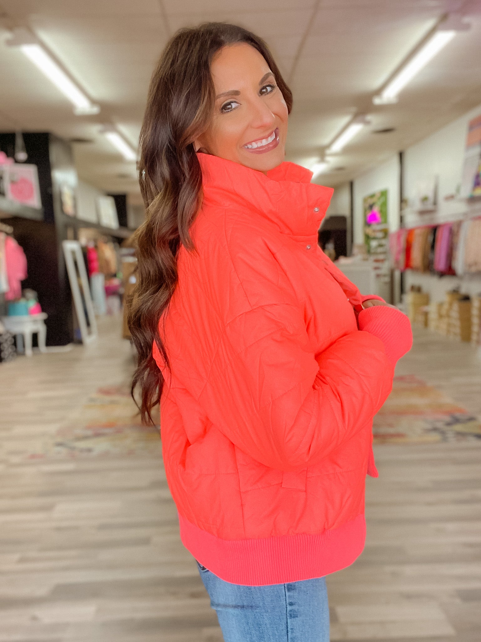 Crazy For You Neon Coral Puffer Jacket