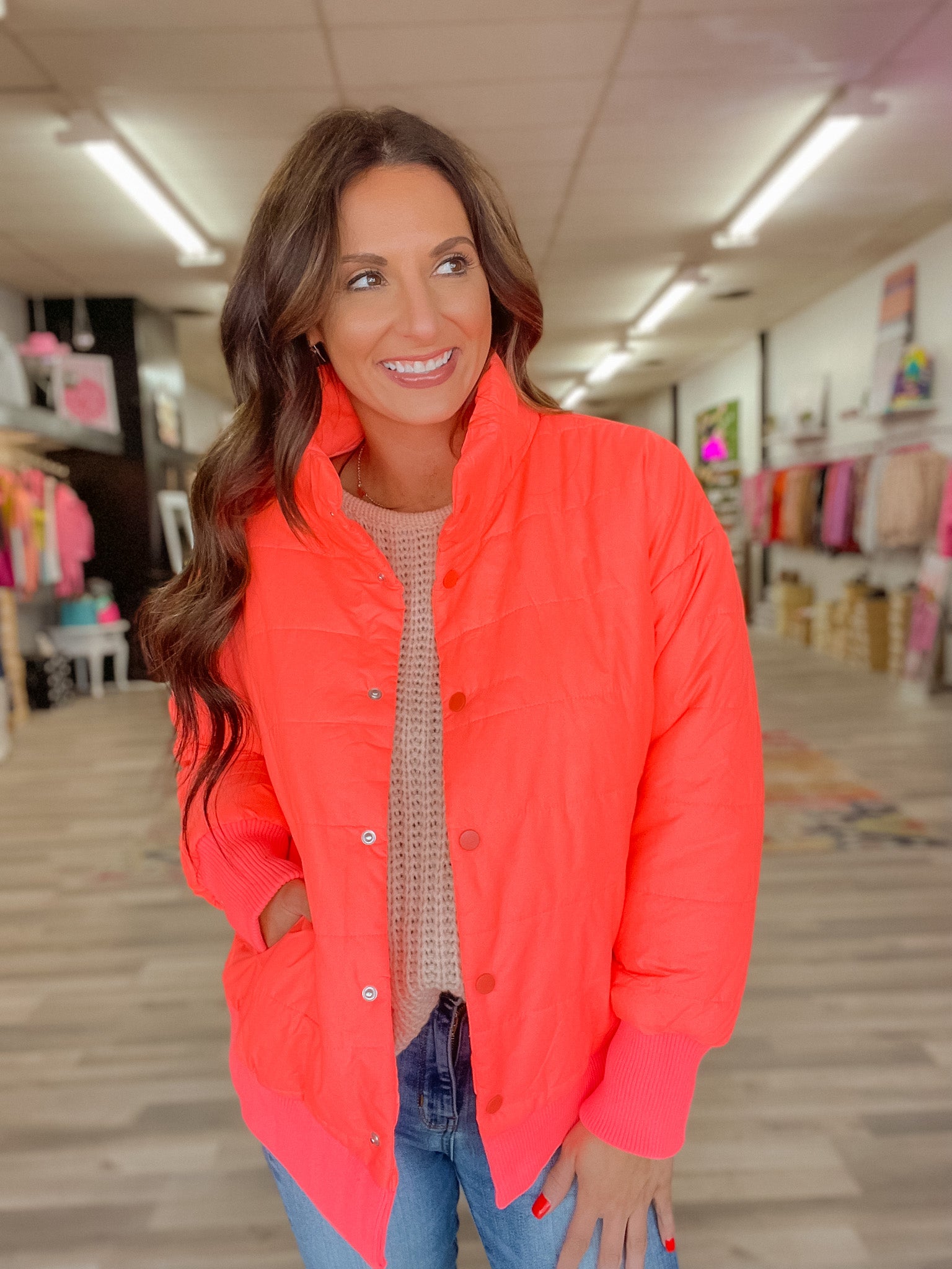 Crazy For You Neon Coral Puffer Jacket