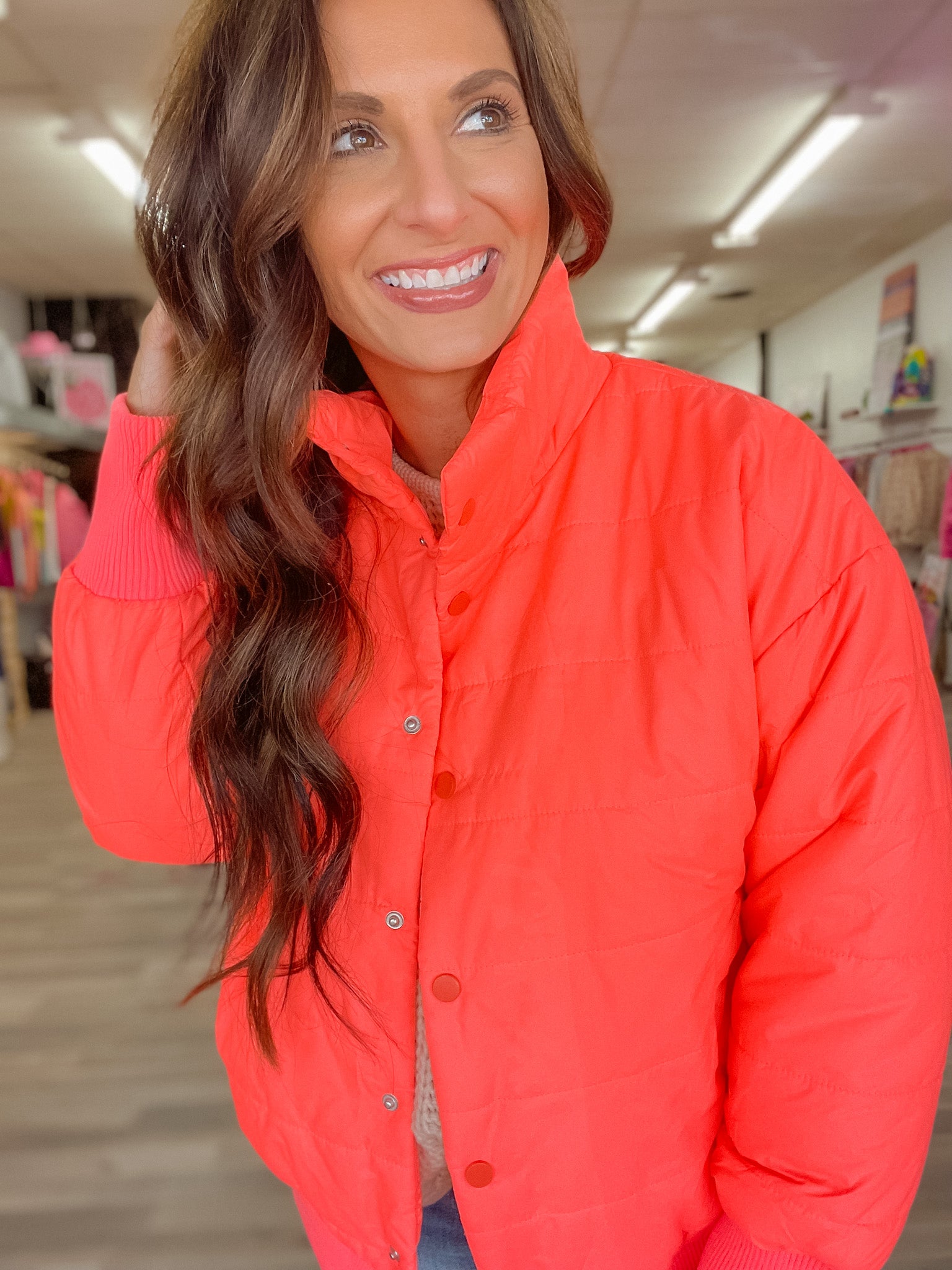 Crazy For You Neon Coral Puffer Jacket