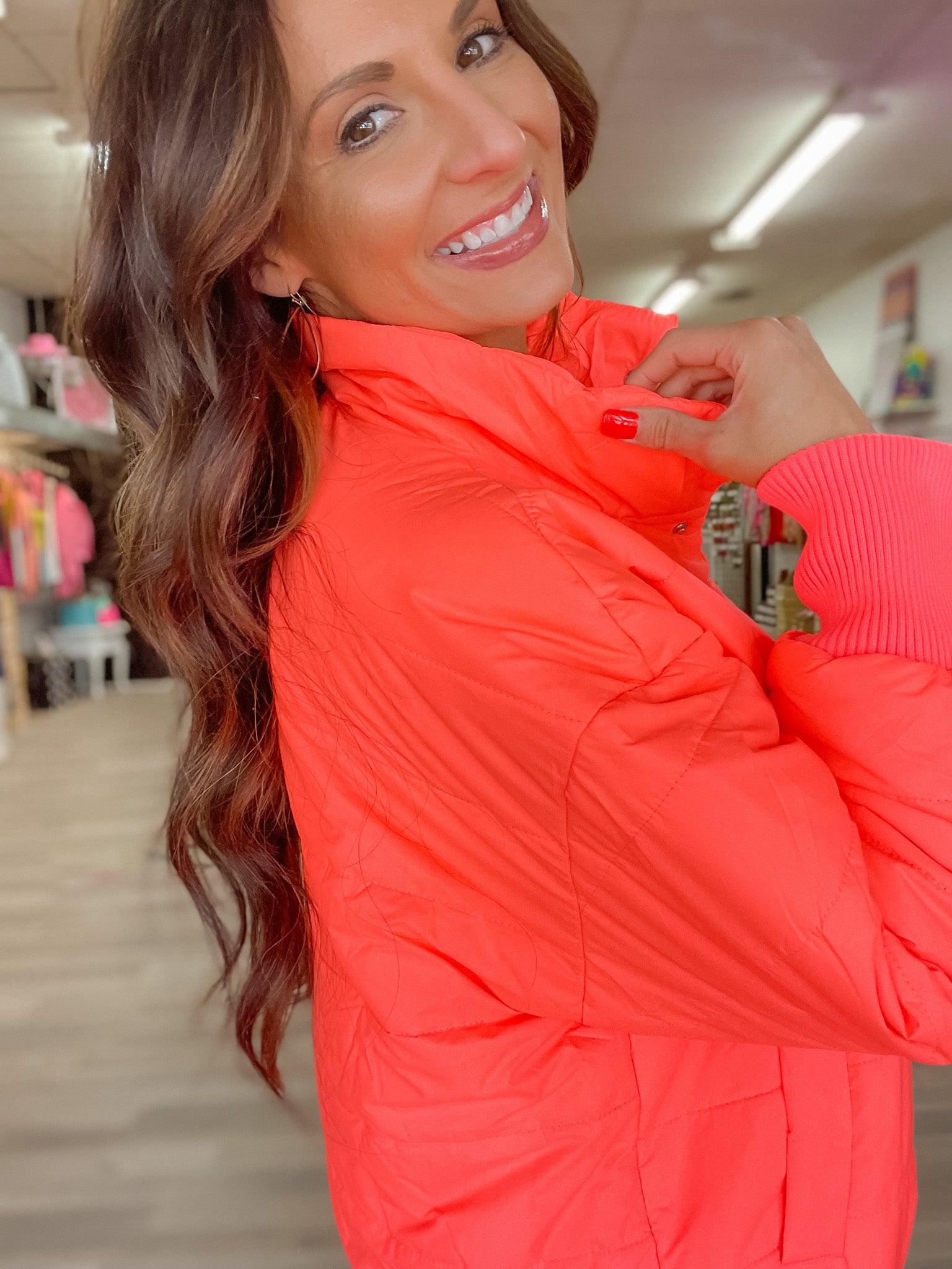 Crazy For You Neon Coral Puffer Jacket