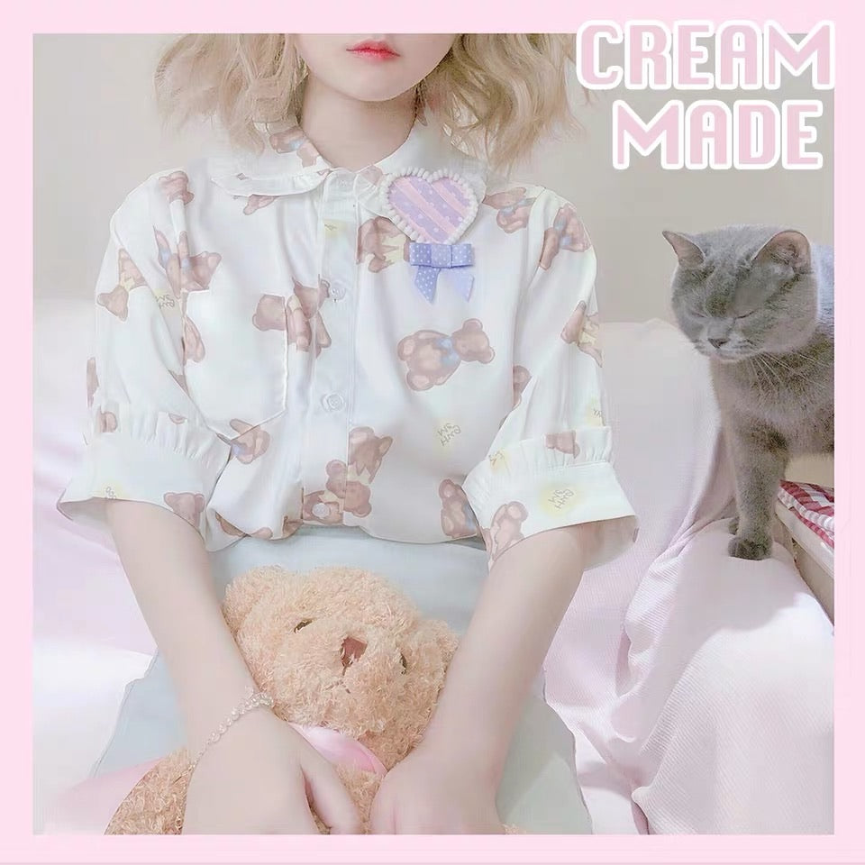 Cream made chocolate bear doll collar short sleeve shirt