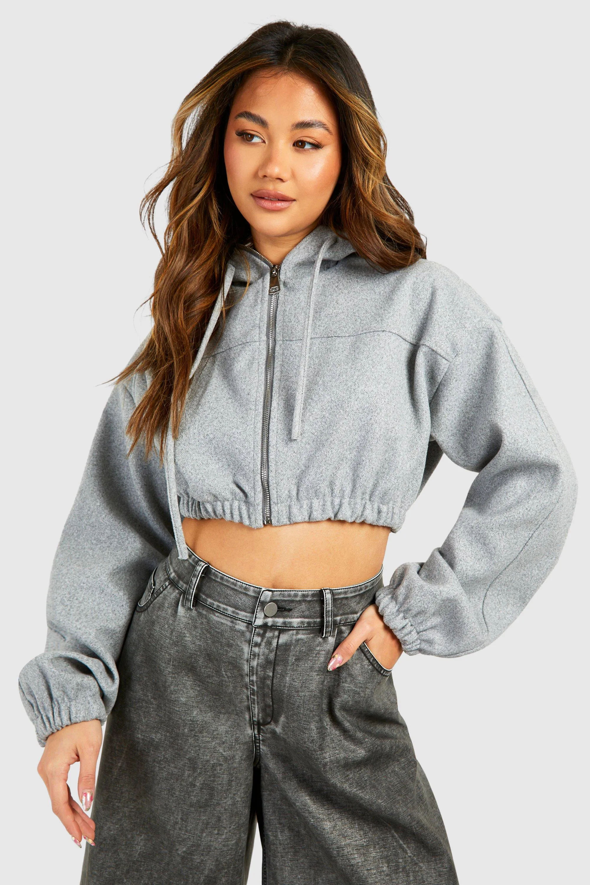 Cropped Hooded Wool Look Bomber Jacket