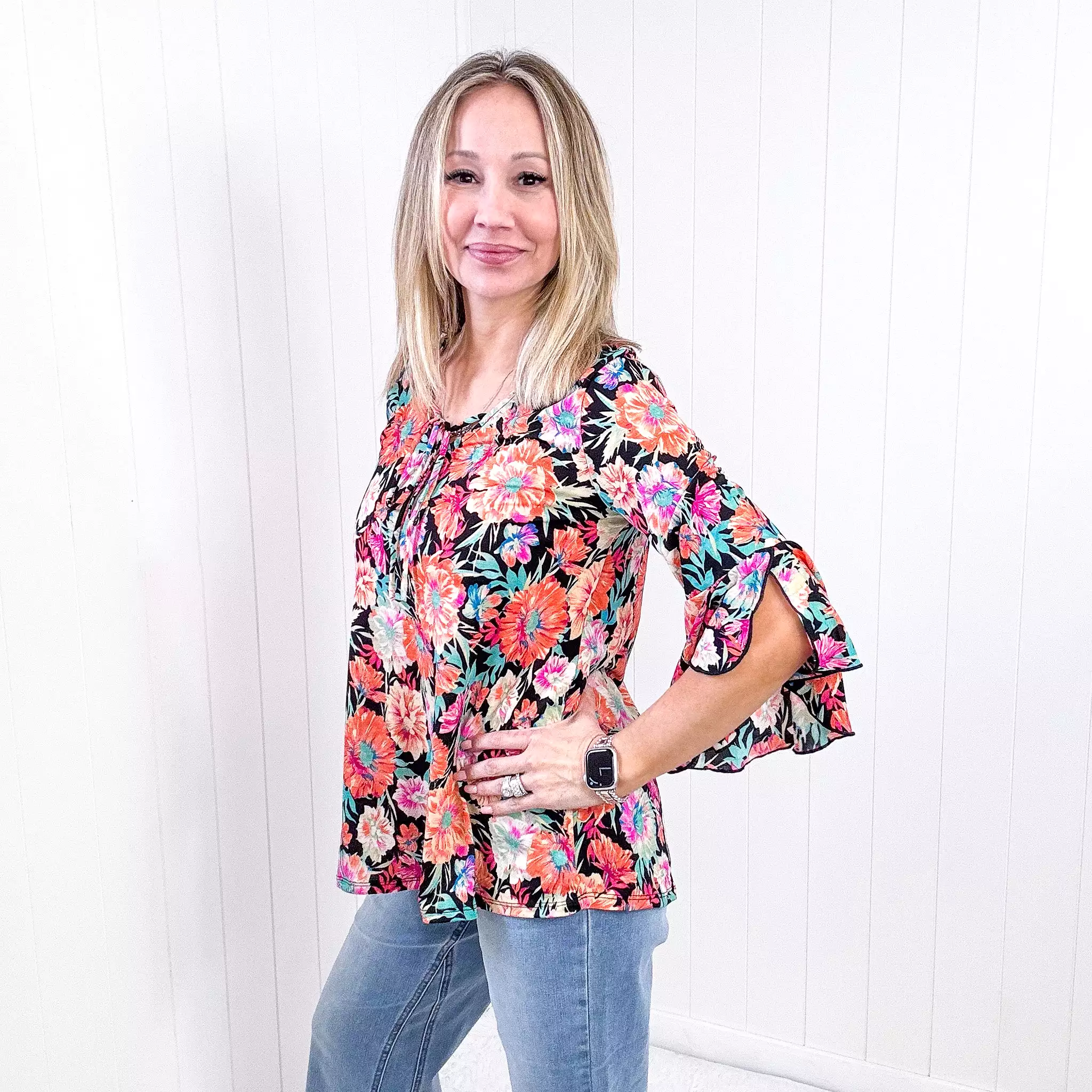 Dear Scarlett Willow Bell Sleeve Top in Black and Persimmon Floral