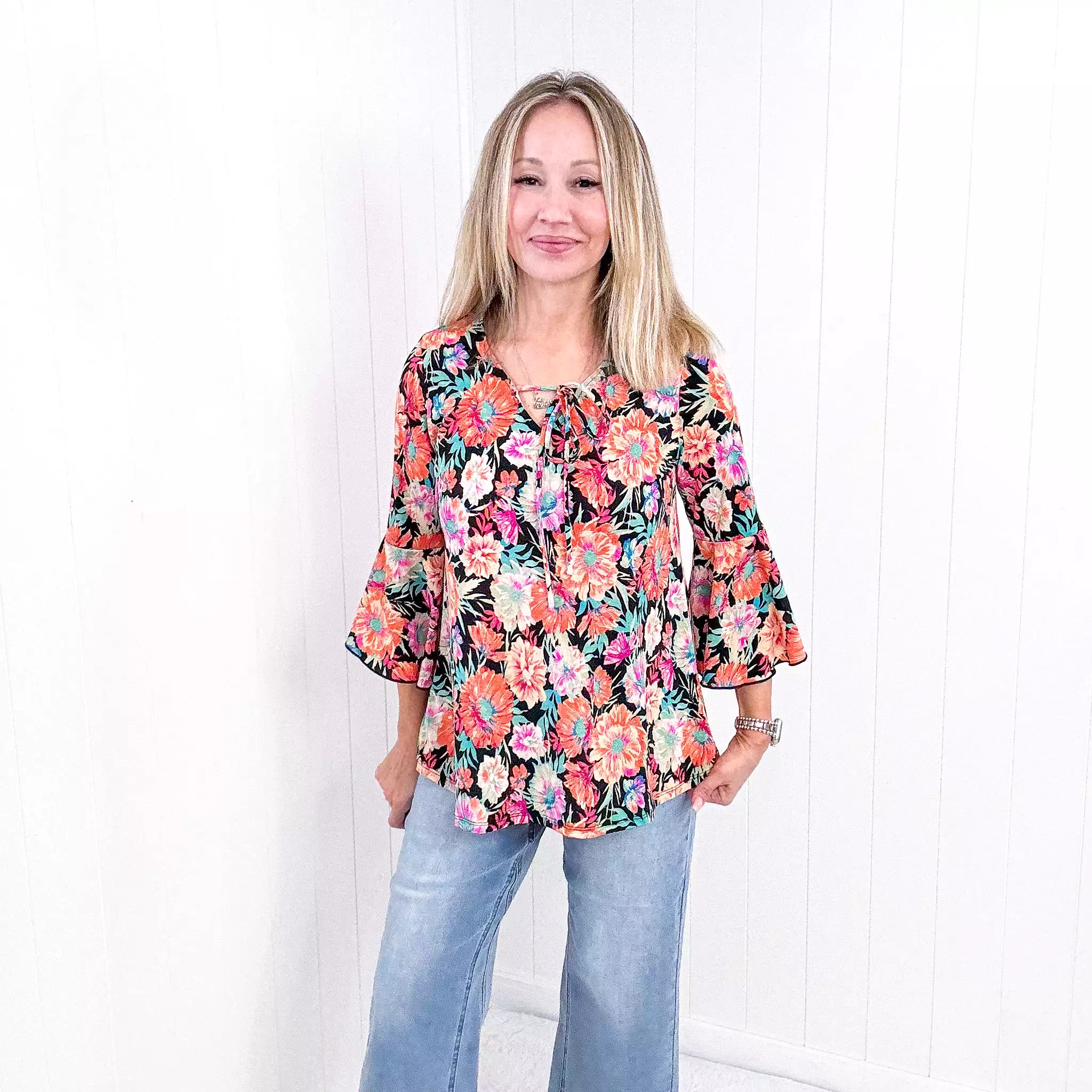 Dear Scarlett Willow Bell Sleeve Top in Black and Persimmon Floral