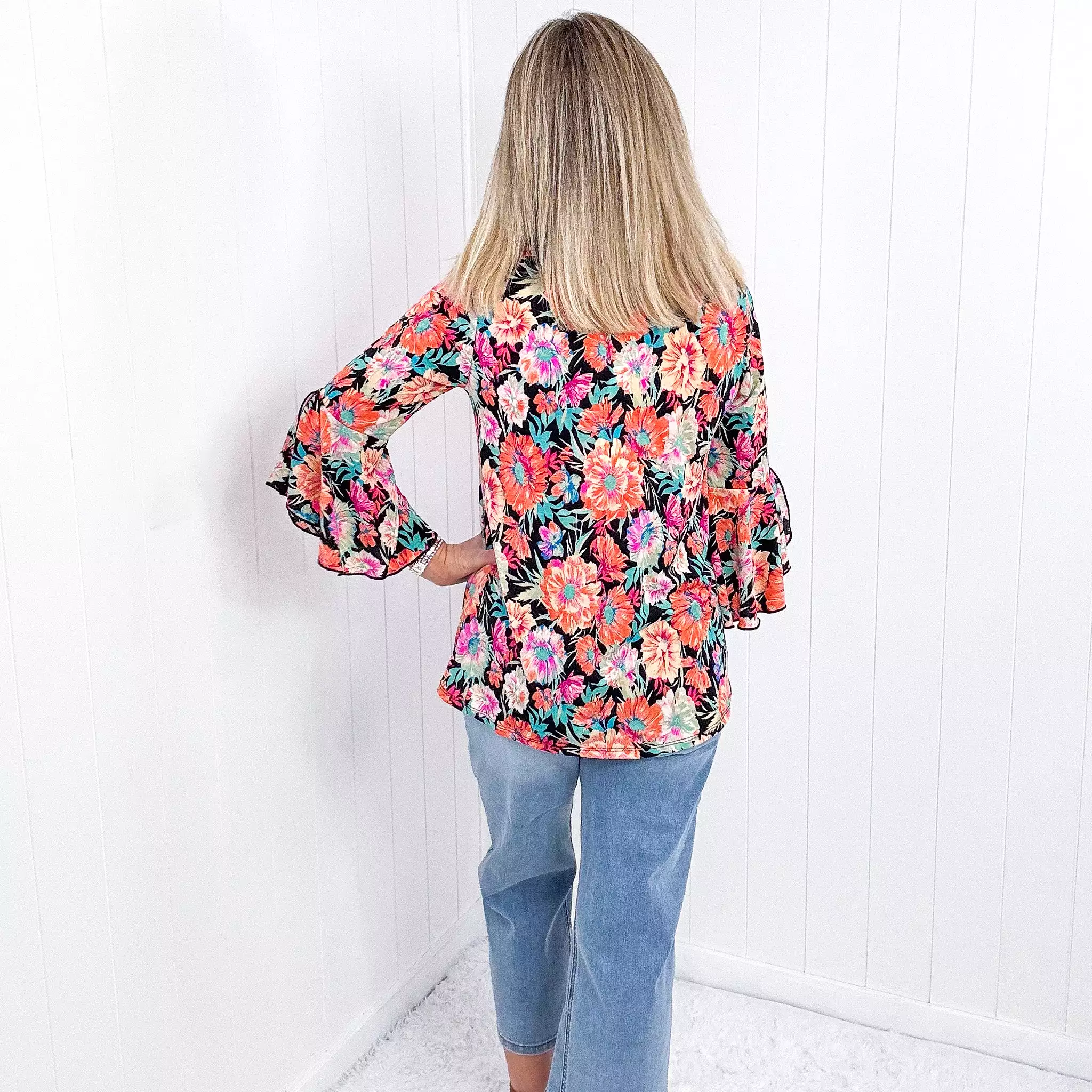 Dear Scarlett Willow Bell Sleeve Top in Black and Persimmon Floral