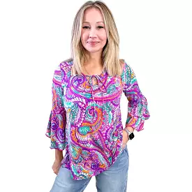 Dear Scarlett Willow Bell Sleeve Top in Lavender Mint Paisley