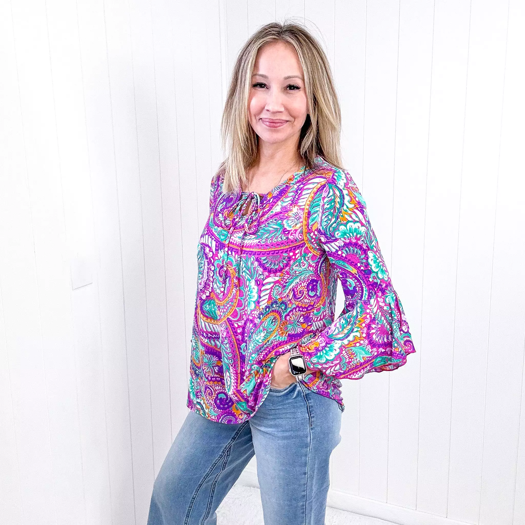 Dear Scarlett Willow Bell Sleeve Top in Lavender Mint Paisley