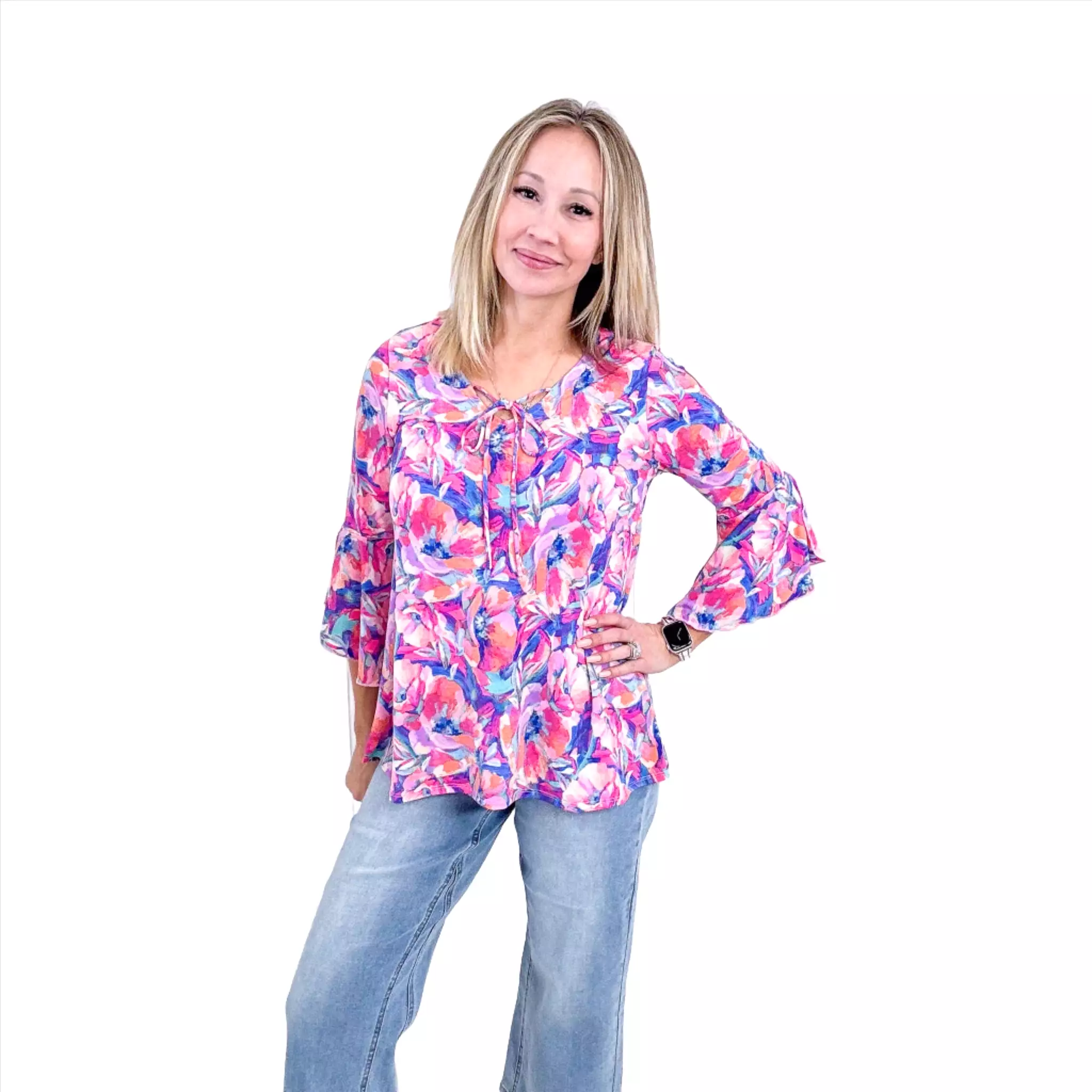 Dear Scarlett Willow Bell Sleeve Top in Royal Brushed Floral