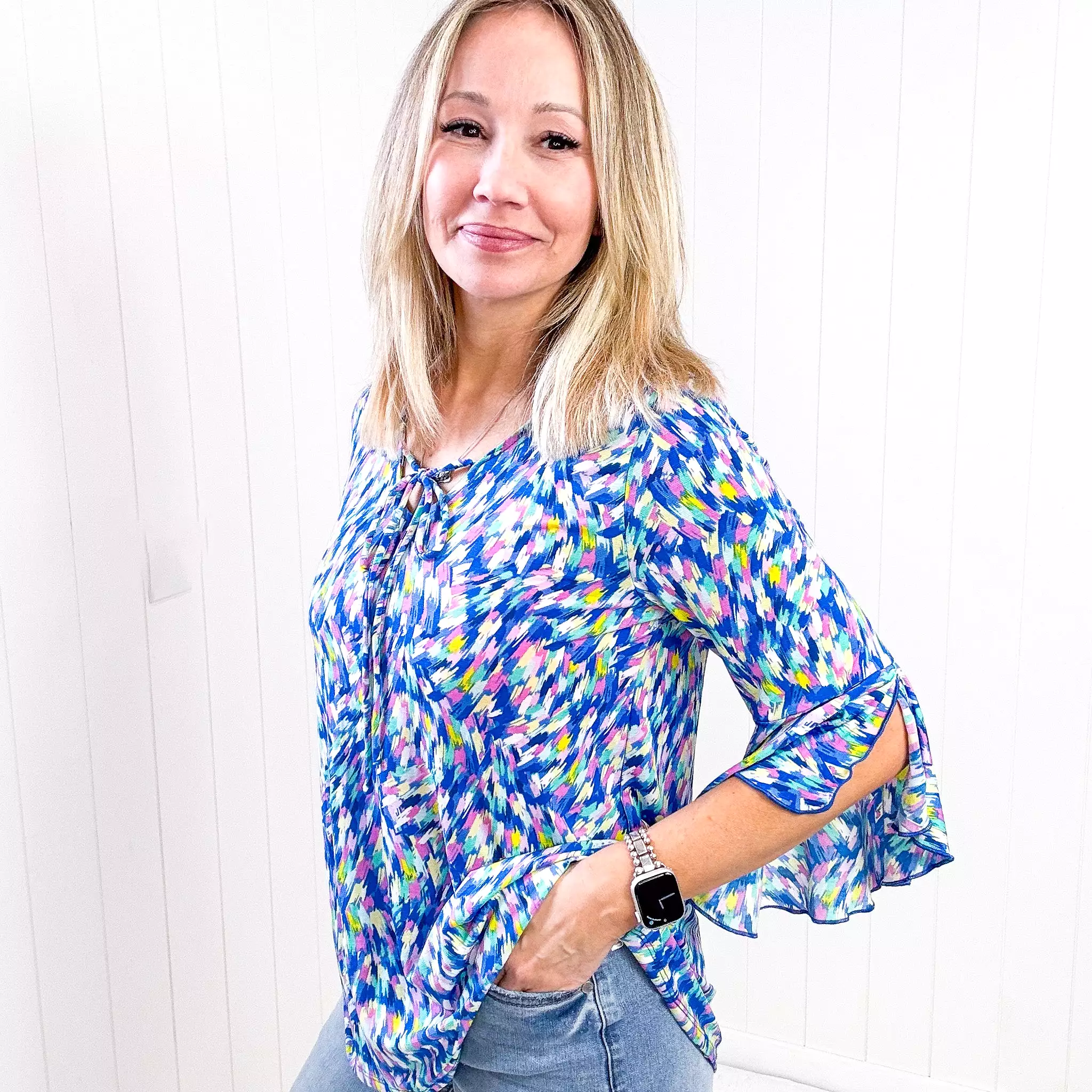 Dear Scarlett Willow Bell Sleeve Top in Royal Brushed Multi