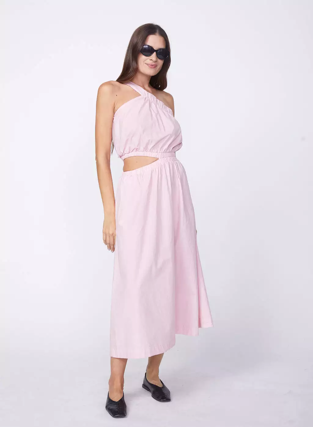 Fine Poplin One-Shoulder Midi Dress in Lipstick