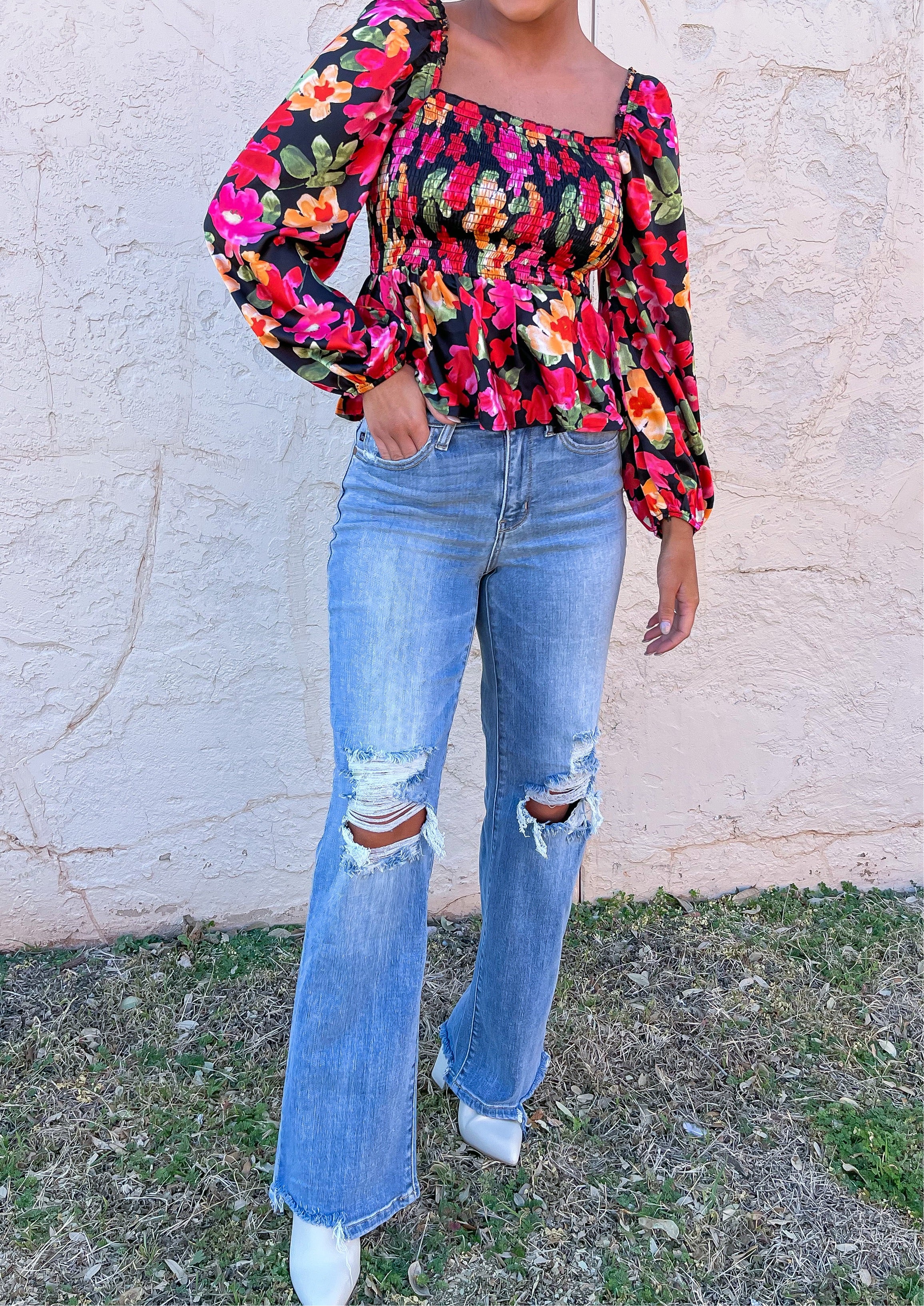 Floral Print Peplum Top - Red