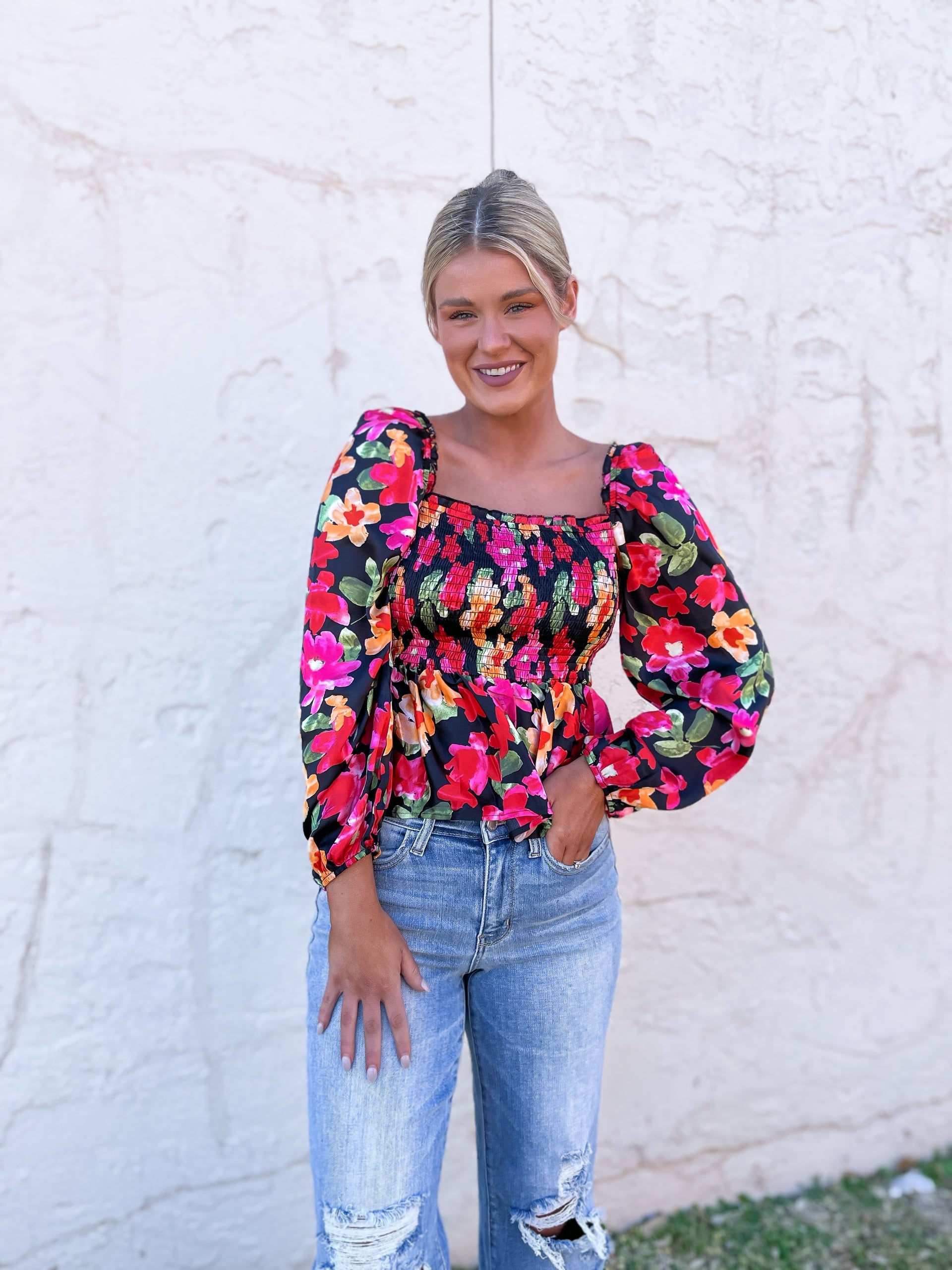 Floral Print Peplum Top - Red