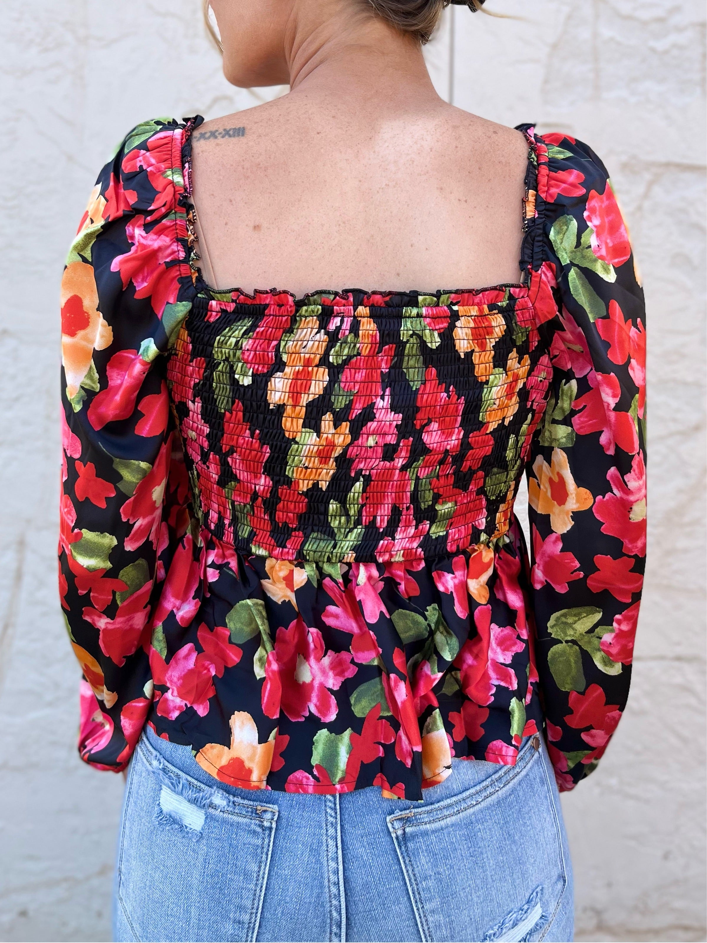 Floral Print Peplum Top - Red