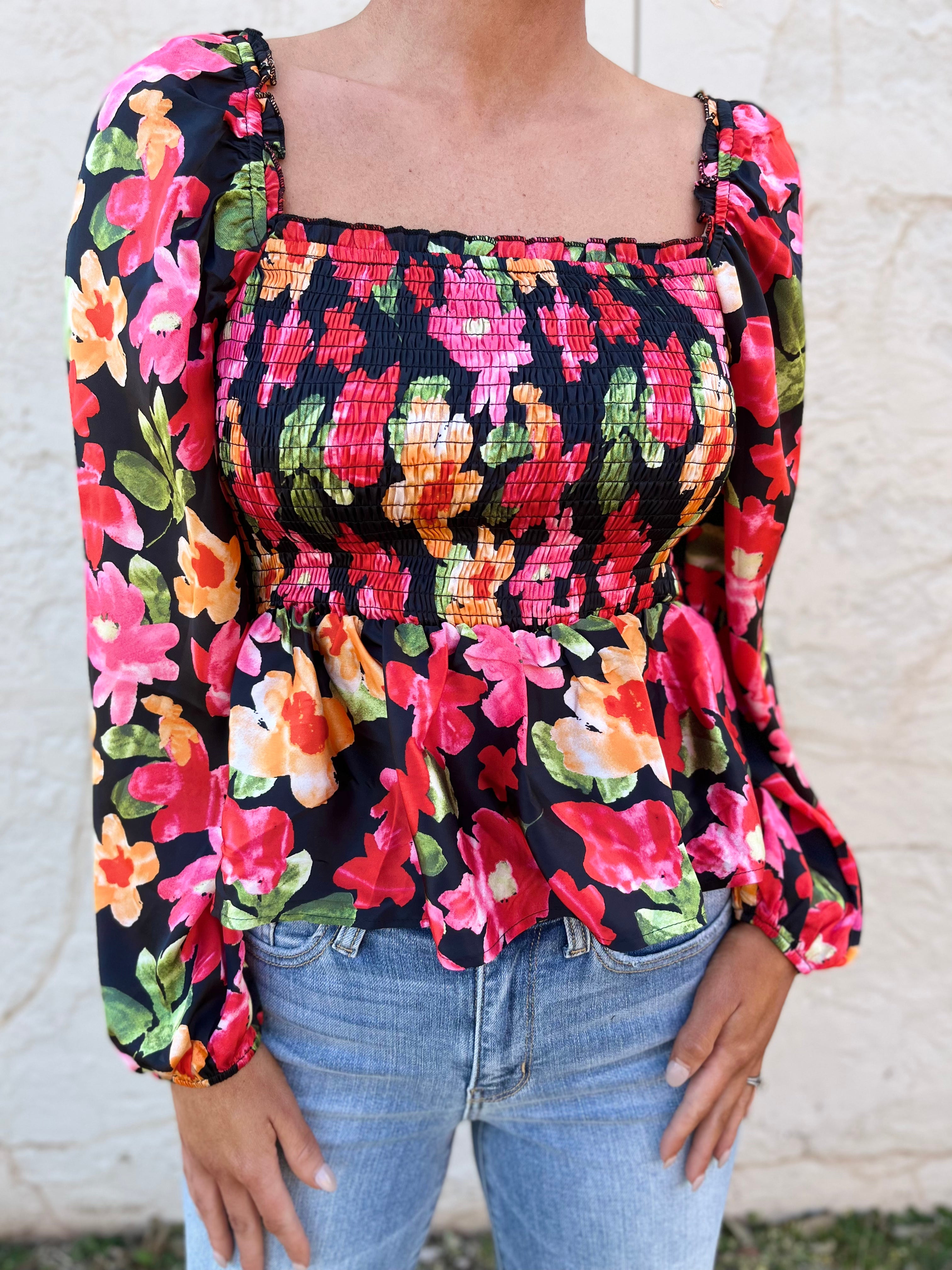 Floral Print Peplum Top - Red