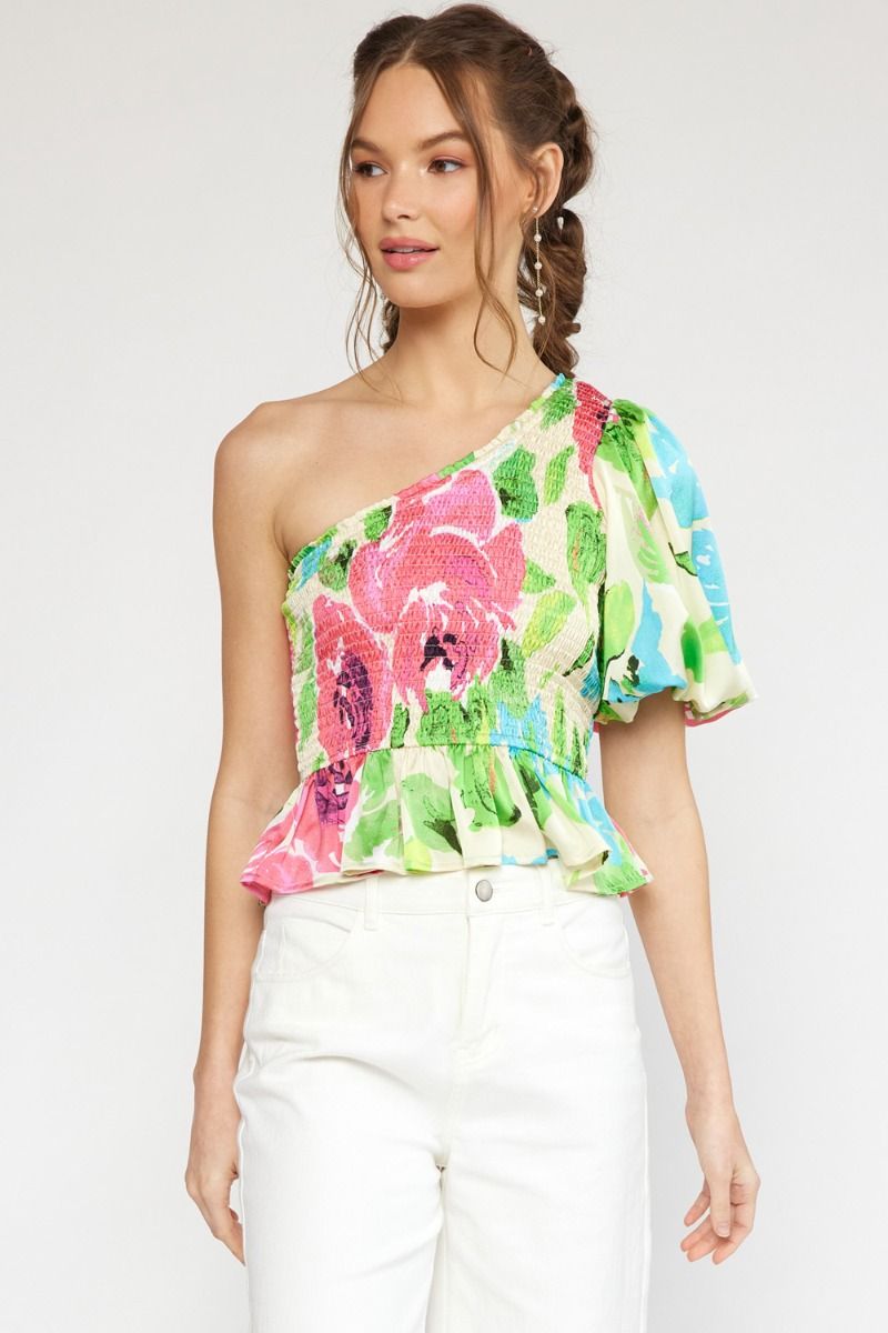 Floral Satin One-Sleeve Peplum Top - Cream