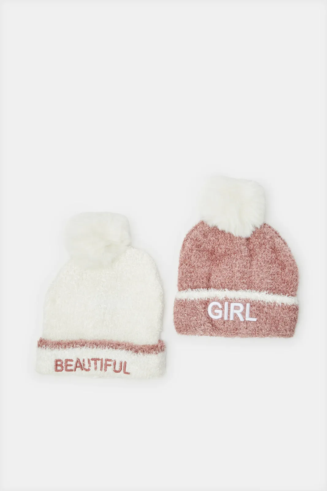 Girls White And Pink Beanie Cap (Pack of 2)