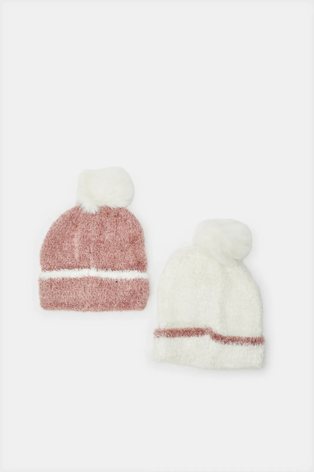 Girls White And Pink Beanie Cap (Pack of 2)