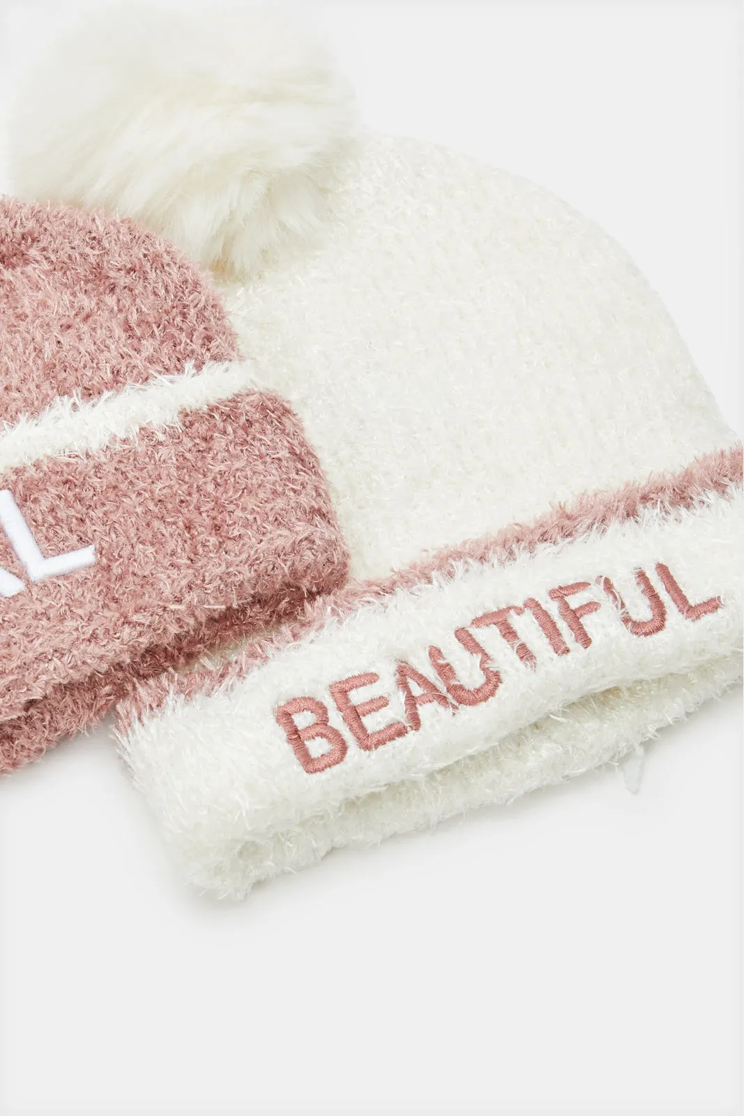 Girls White And Pink Beanie Cap (Pack of 2)