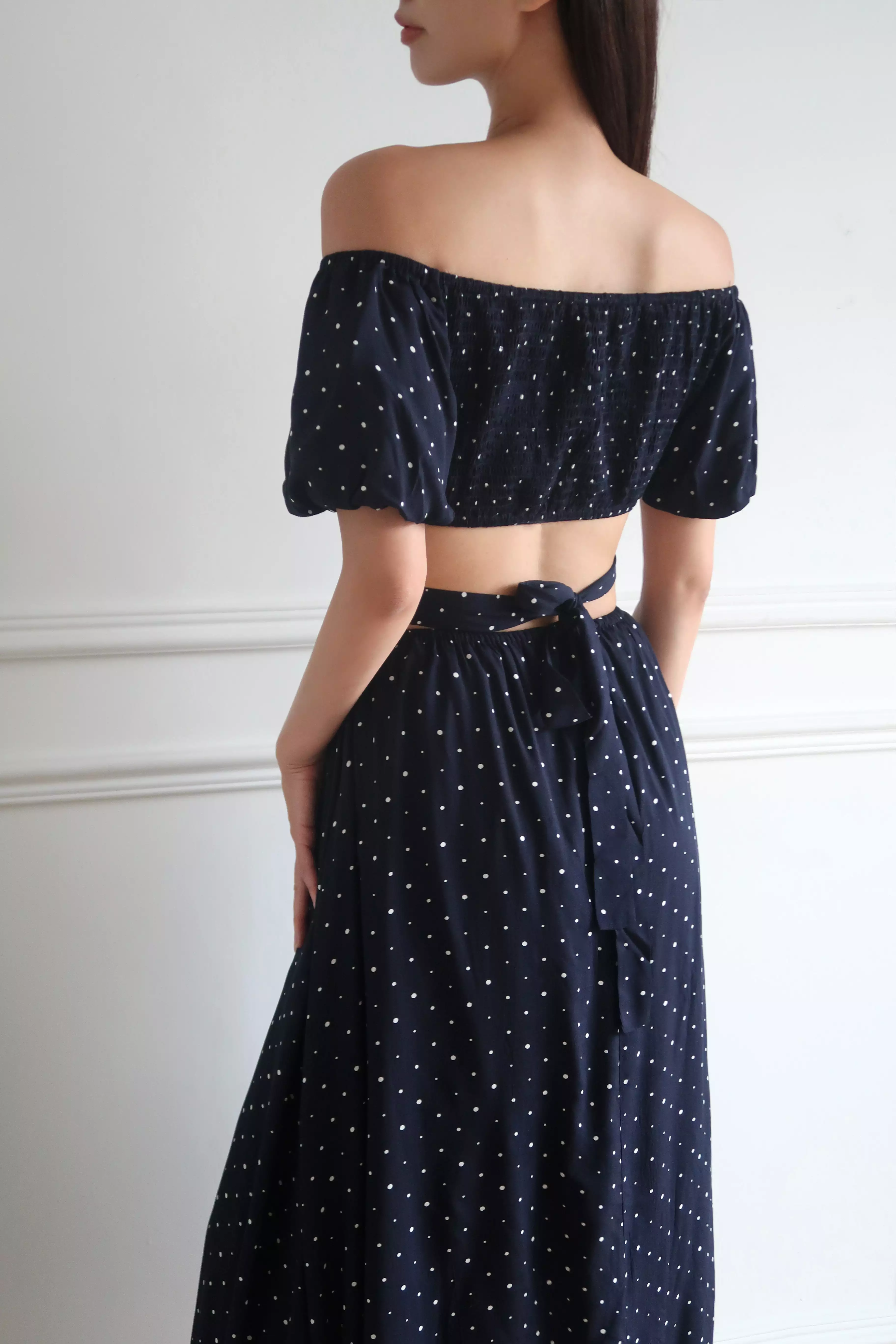 Golden hour off shoulder midi dress in polka dot