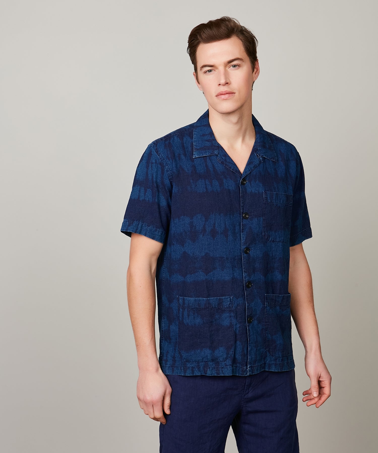 Hartford France Indigo Blue Cotton Linen Short Sleeve Shirt