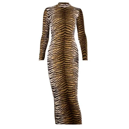 High Neck Leopard Long-sleeved Printed Dress Long Skirt Dress