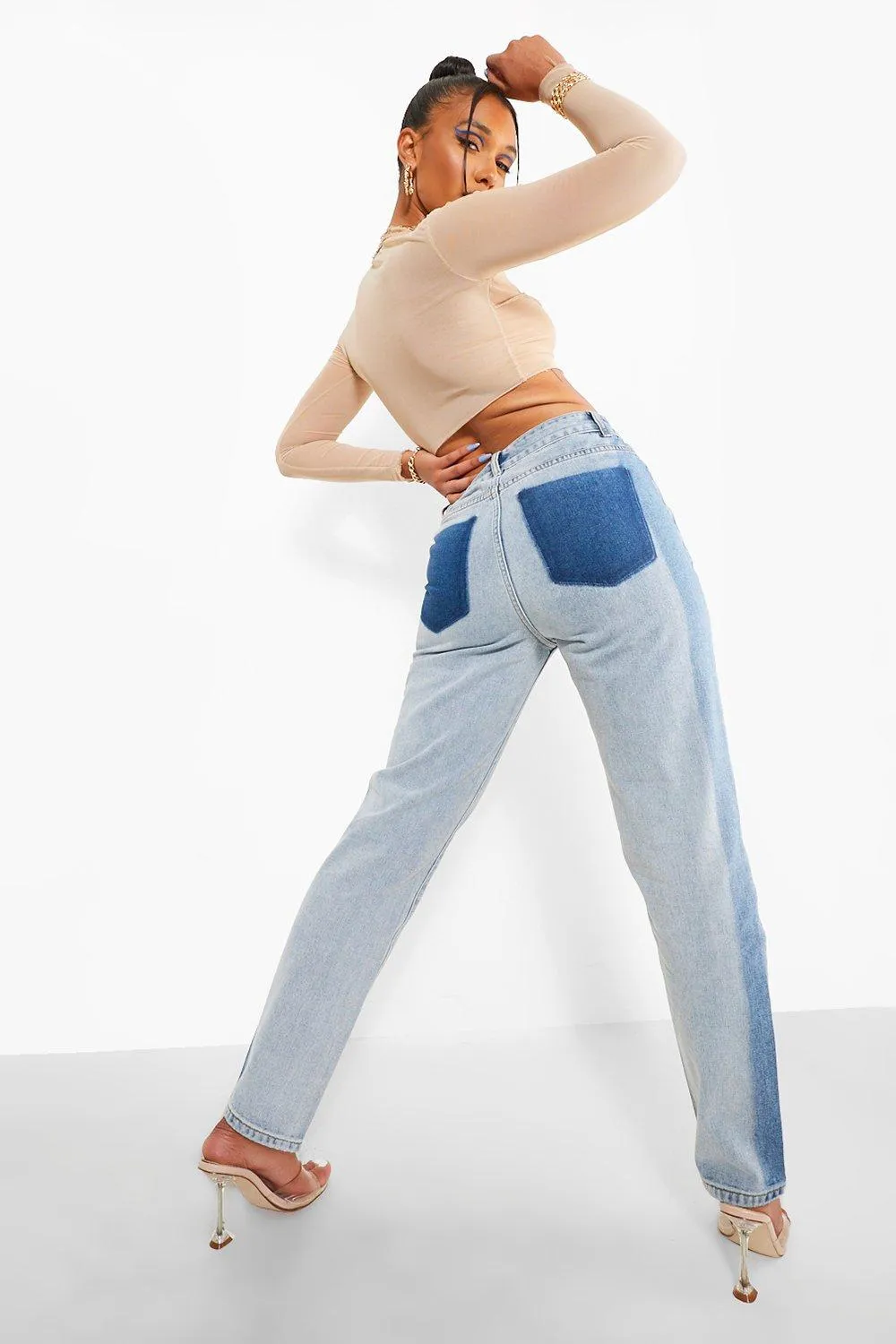 High Waist Contrast Denim Mom Jeans