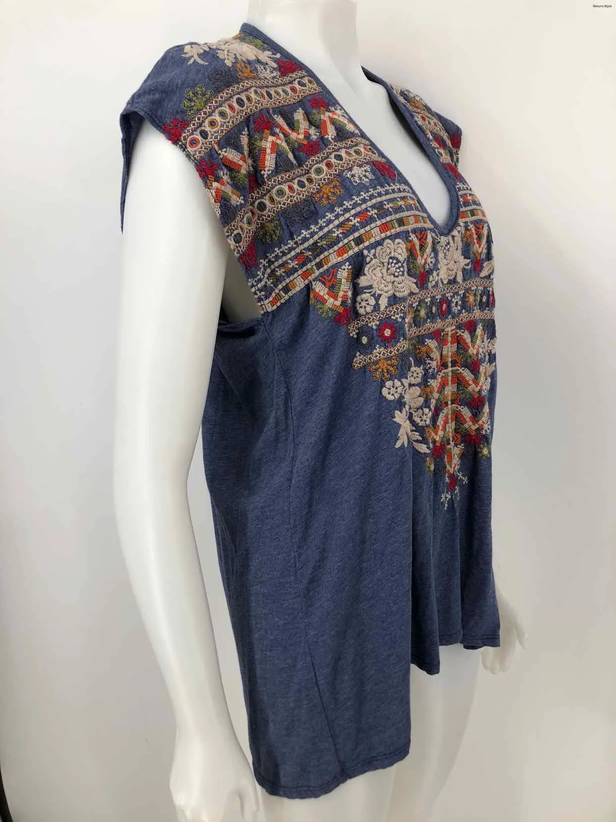 JOHNNY WAS Blue Multi-Color Embroidered V-Neck Size X-LARGE Top