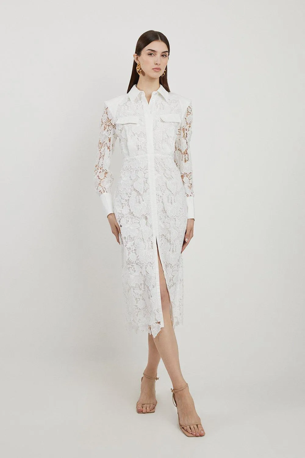 Lace And Embroidered Sharp Shoulder Woven Midi Shirt Dress | Karen Millen