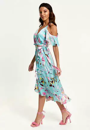 Liquorish Blue Abstract Print Cold Shoulder Midi Wrap Dress