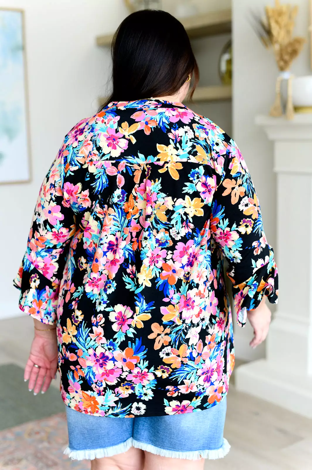 Lizzy Bell Sleeve Top Black and Teal Tropical Floral