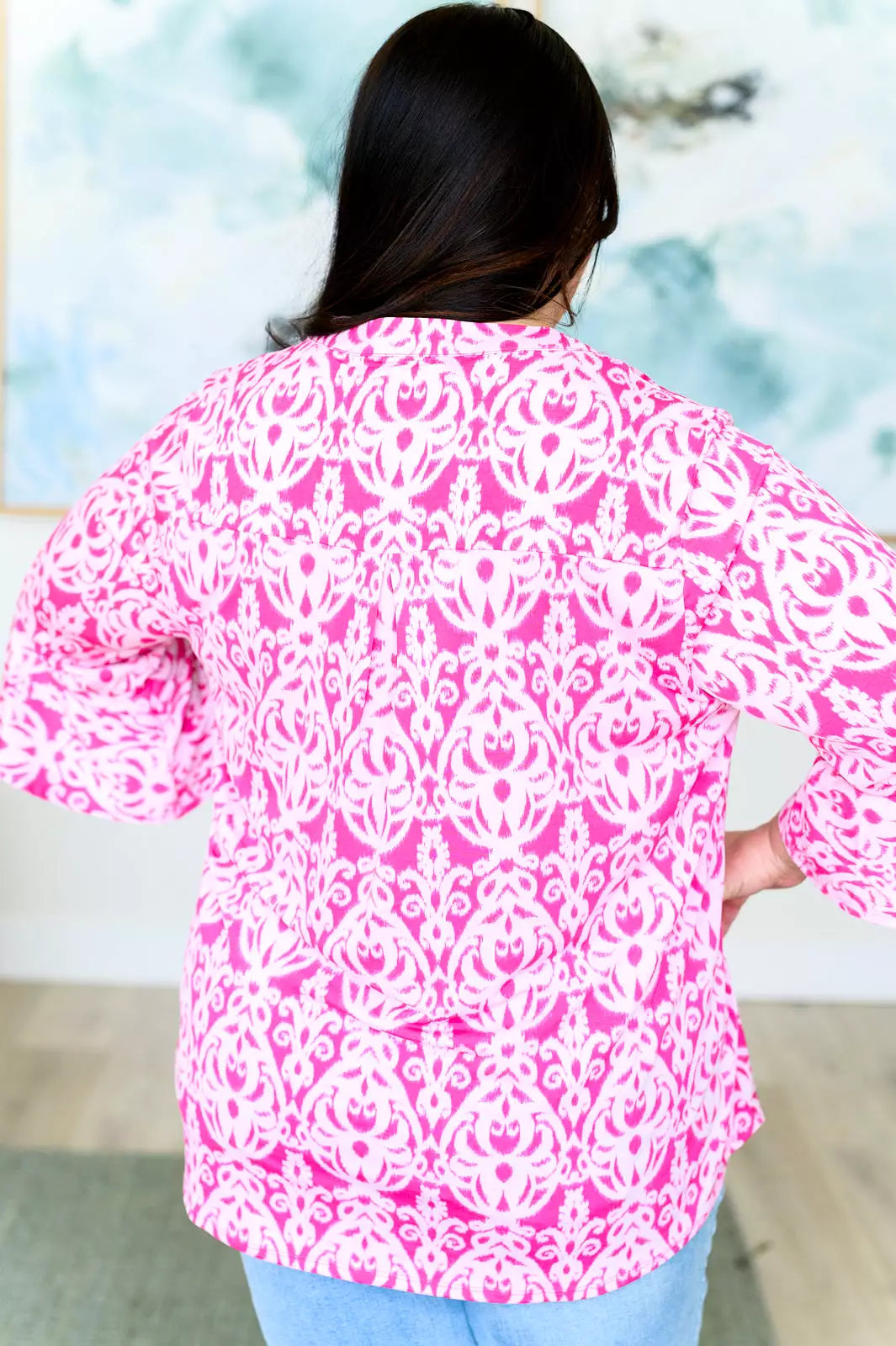 Lizzy Bell Sleeve Top in Hot Pink Damask