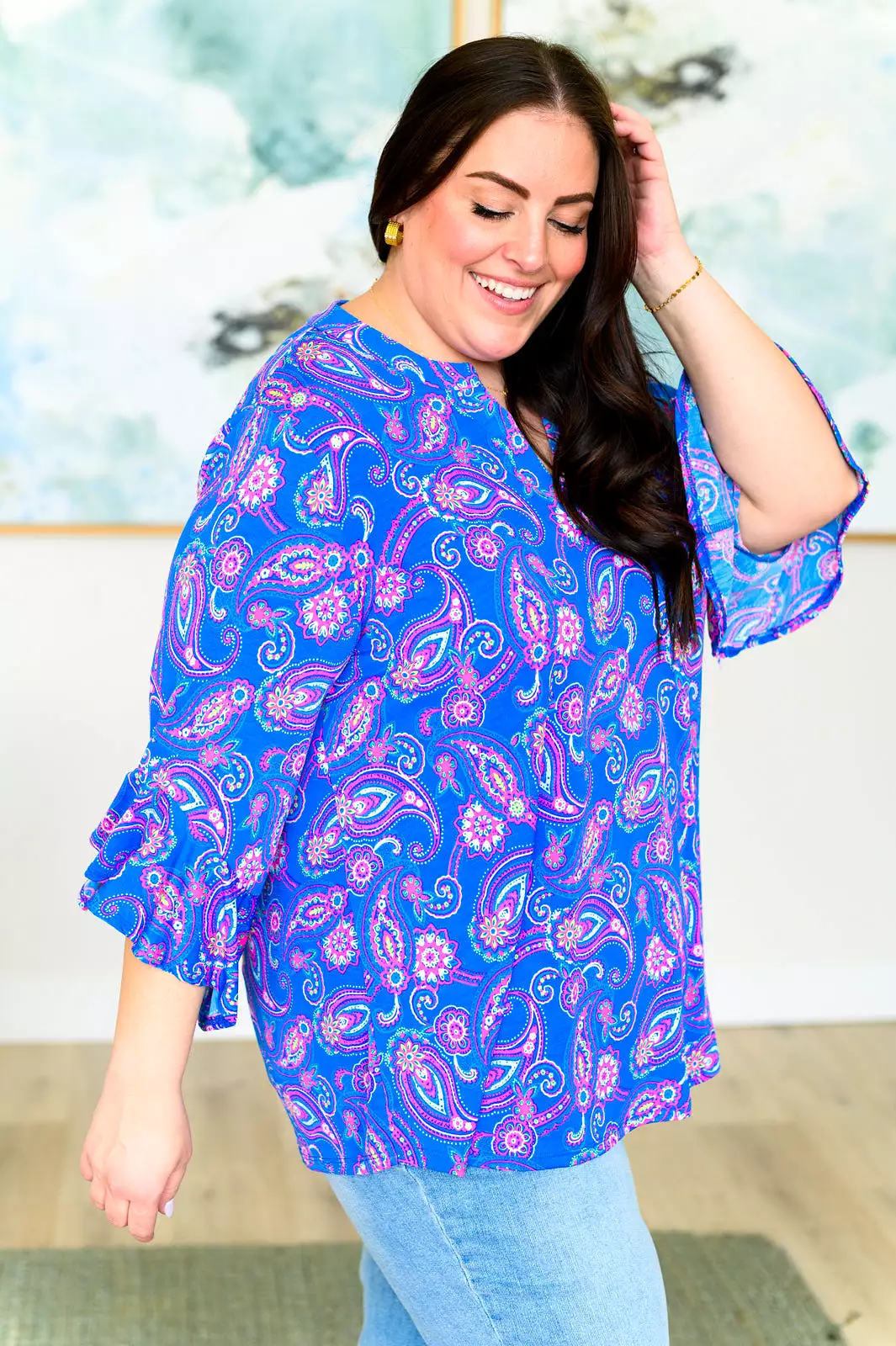 Lizzy Bell Sleeve Top in Royal Paisley