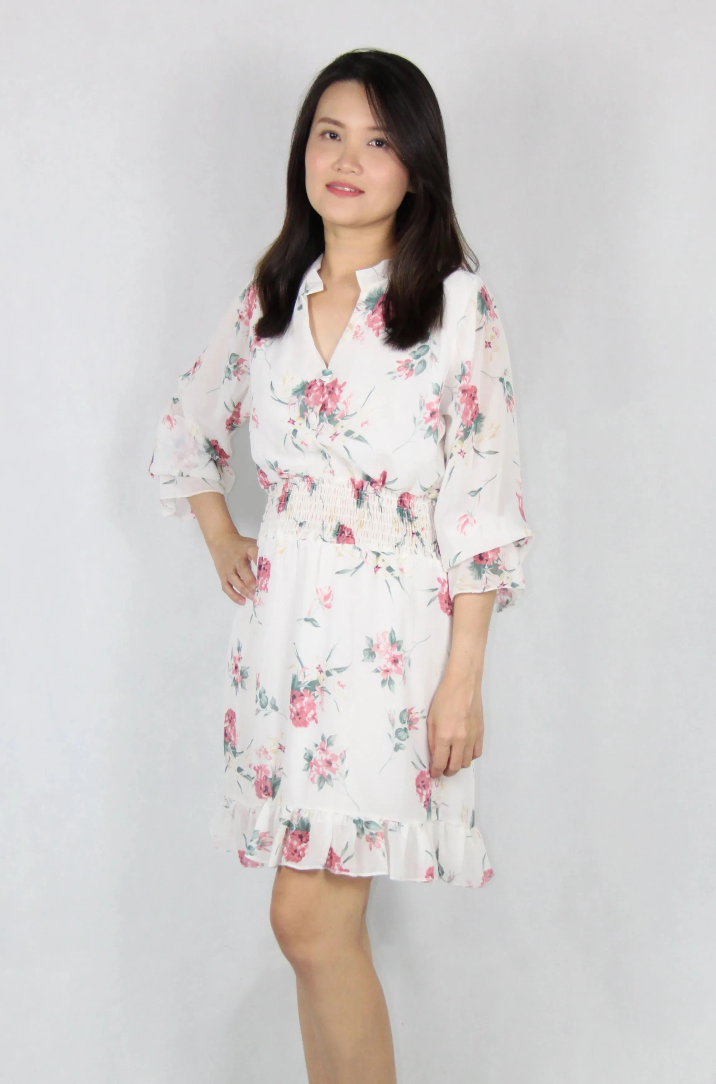 Long Bell Sleeve Floral Dress in White