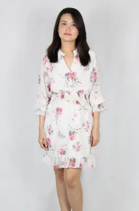 Long Bell Sleeve Floral Dress in White