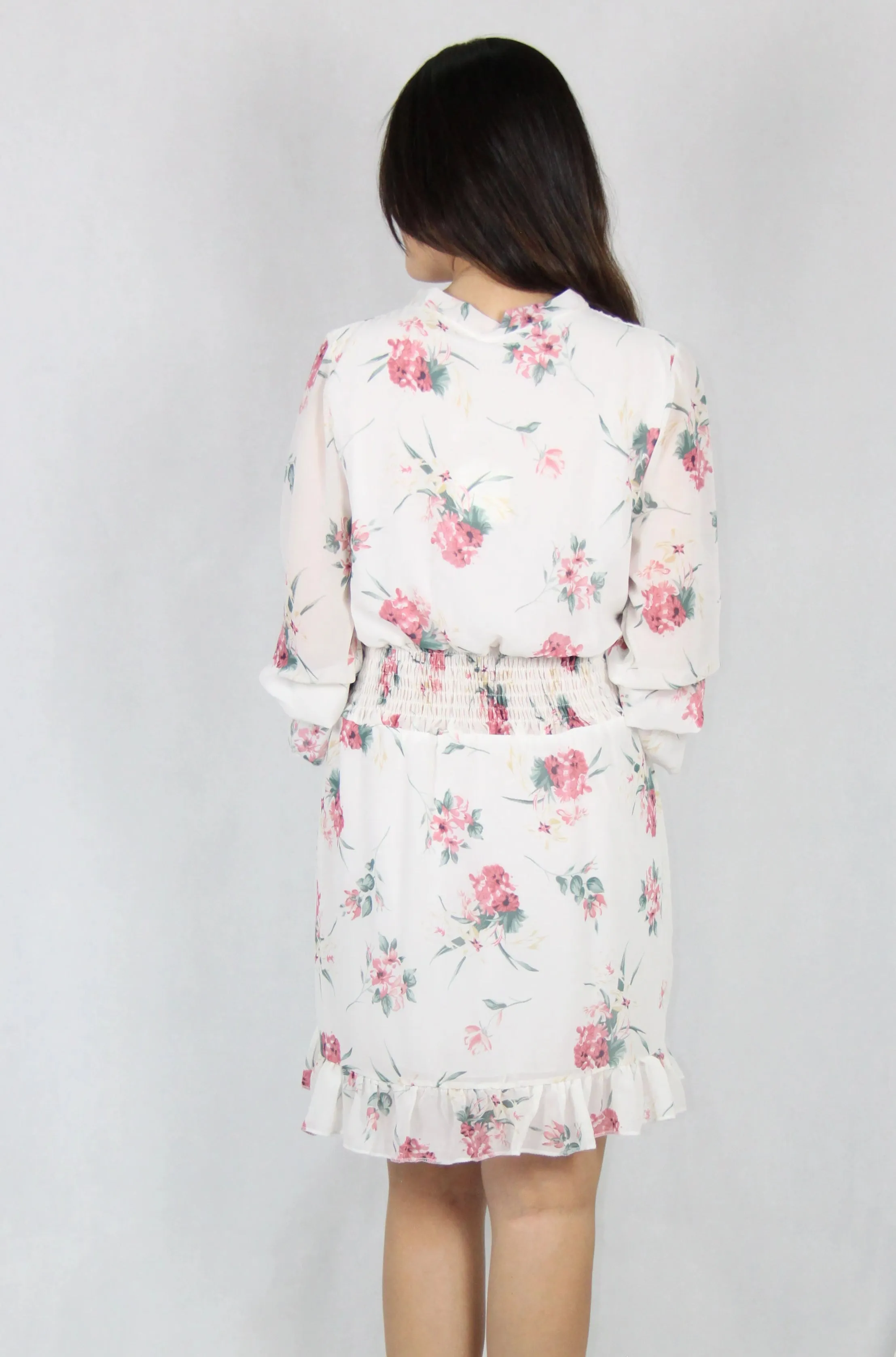 Long Bell Sleeve Floral Dress in White