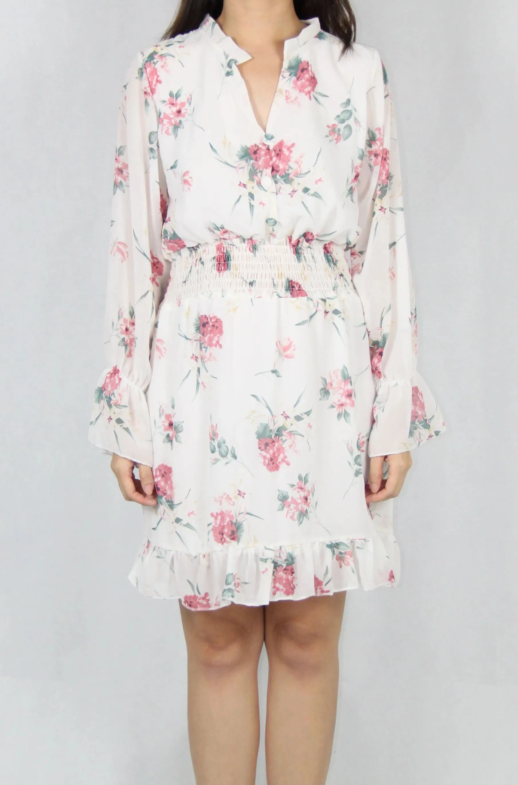 Long Bell Sleeve Floral Dress in White