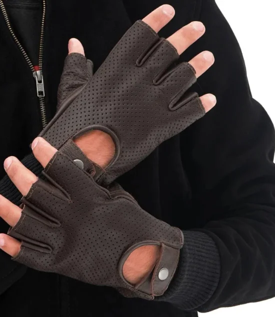 Men's Fingerless Brown Perforated Gloves