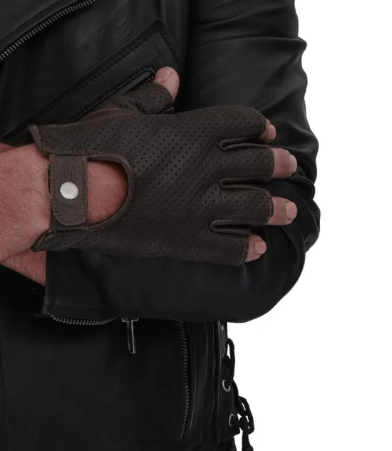 Men's Fingerless Brown Perforated Gloves