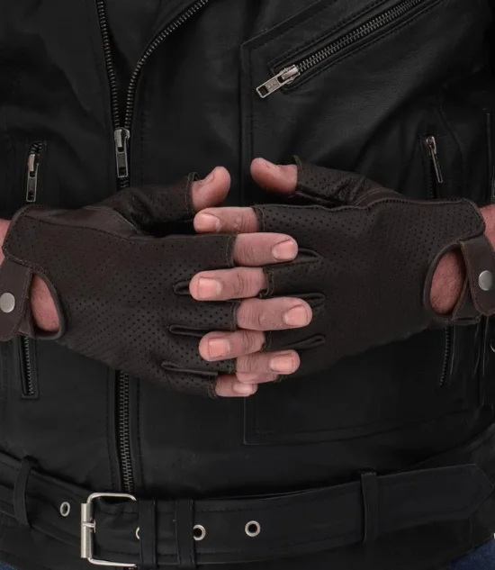 Men's Fingerless Brown Perforated Gloves