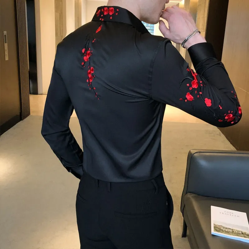 Men's Korean Fashion Polyester Embroidery Slim Fit Long Sleeve Shirt