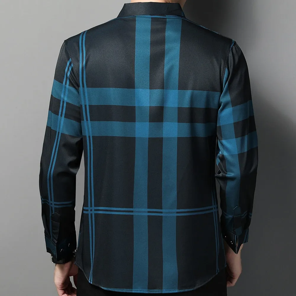 Men's Luxury Square Collar Striped Pattern Casual Style Long Sleeve Shirt