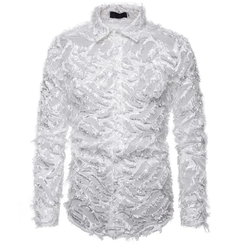 Men's Sexy Lace Feather Slim Fit  Long Sleeve Nightclub Party Shirt