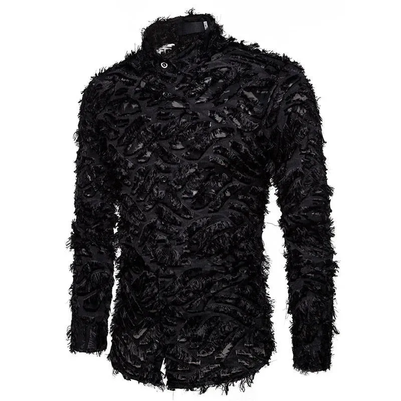 Men's Sexy Lace Feather Slim Fit  Long Sleeve Nightclub Party Shirt