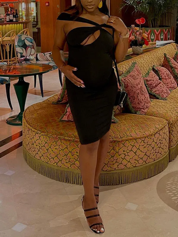 Momnfancy Black Irregular Cut Out Off Shoulder Bodycon Chic Club Maternity Photoshoot Baby Shower Party Midi Dress