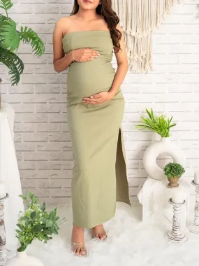 Momnfancy Light Khaki Off Shoulder Bandeau Shirred Baby Shower Party Maternity Midi Dress