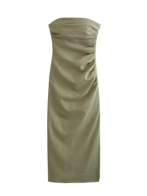 Momnfancy Light Khaki Off Shoulder Bandeau Shirred Baby Shower Party Maternity Midi Dress